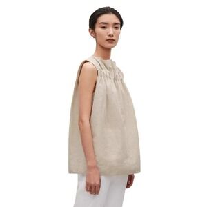 COS Elastic Detail Tank XS Linen Blend Gathered Neck Sleeveless Blouse Top US 2